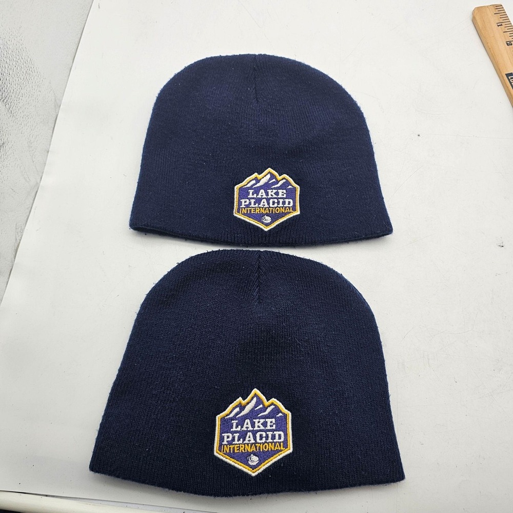 Lake Placid International Hat Beanie LOT OF 2 Blue Knit Logo Mens Winter Stretch